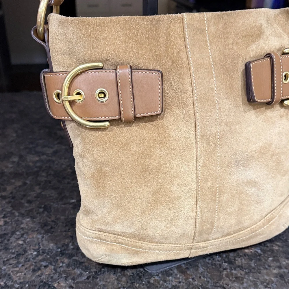 Coach Tan Suede SoHo Buckle Shoulder Bag with Buckle Accents